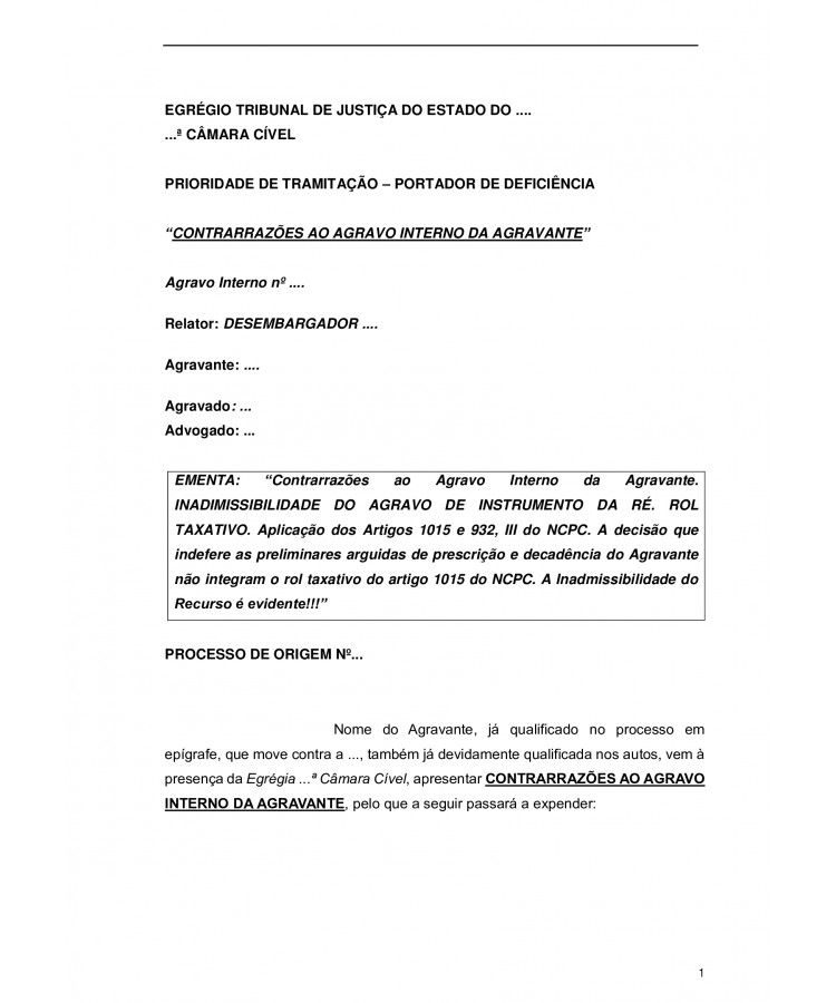 Contrarrazões à Agravo Interno da Ré contra decisão que negou seguimento ao recurso de agravo de instrumento da Ré. Rol Taxativo.