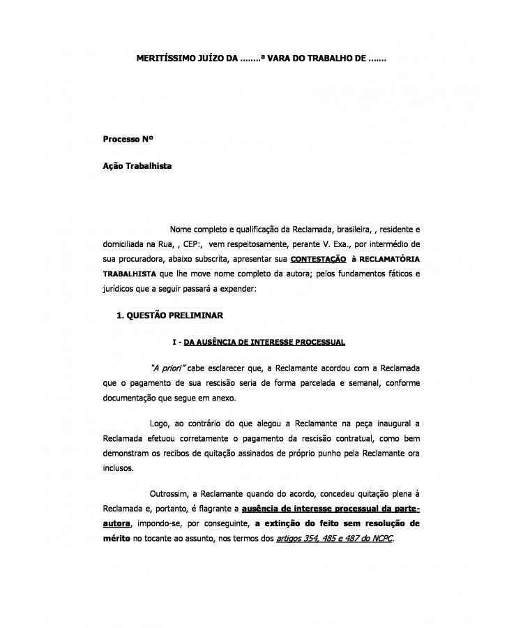 Contestação da Reclamada - Pessoa Física. Reclamatória Trabalhista. Diarista.