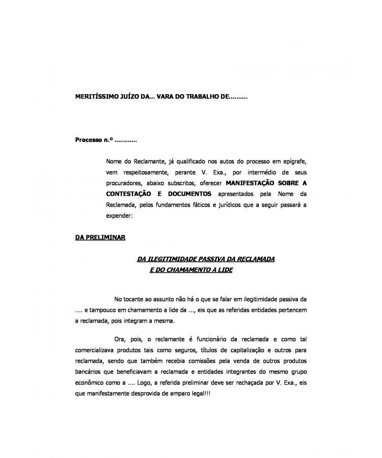 Réplica à Contestação da Reclamada. Horas Extras. Divisor aplicável. Intervalos Intrajornada. Desvio de Função. Integração das Comissões na Remuneração.