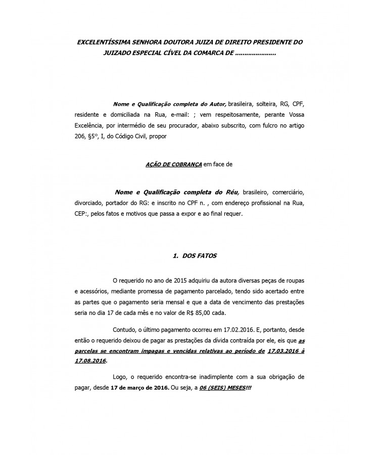 Inicial. Ação de Cobrança JEC.