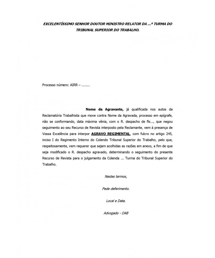 Agravo Regimental para o TST contra decisão da Turma que negou seguimento ao Recurso de Revista da Reclamante.