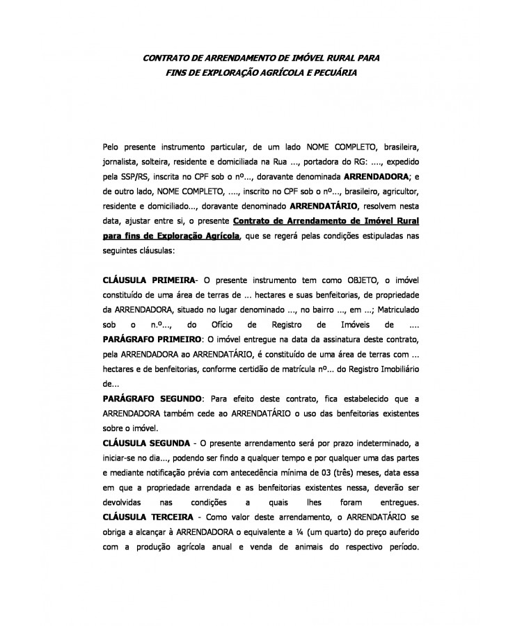 Contrato Particular de Arrendamento de Imóvel Rural para exploração agrícola e animal.