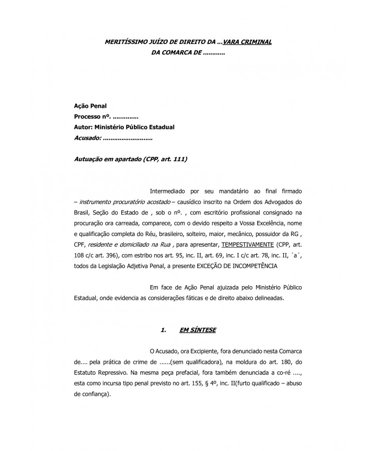 Exceção de Incompetência Penal.