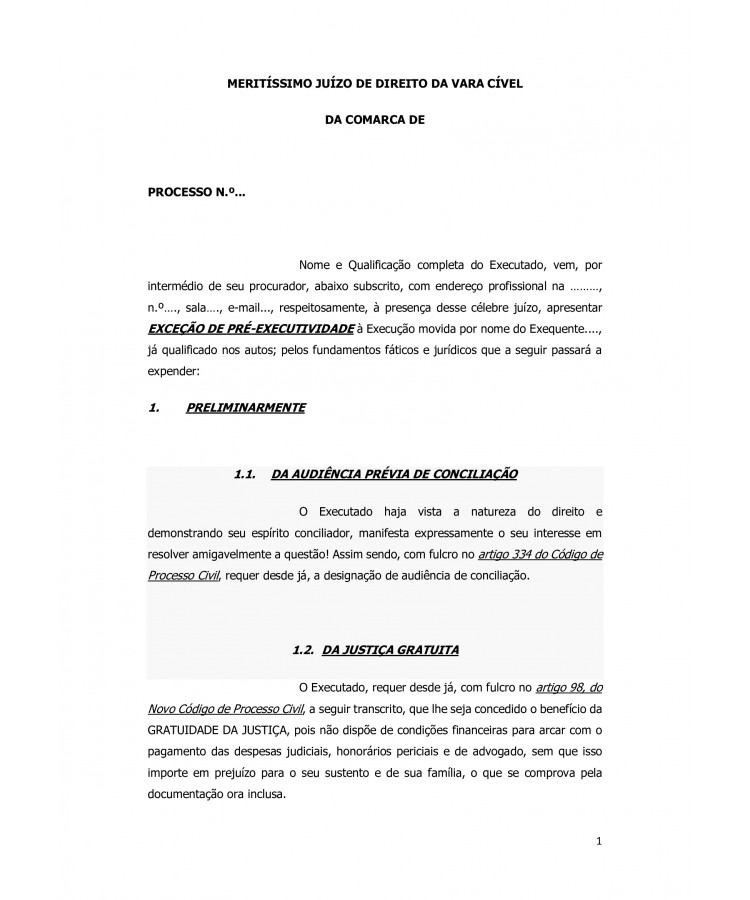 Inicial. Exceção de Pré-Executividade. Defesa do Executado em Processo de Execução.