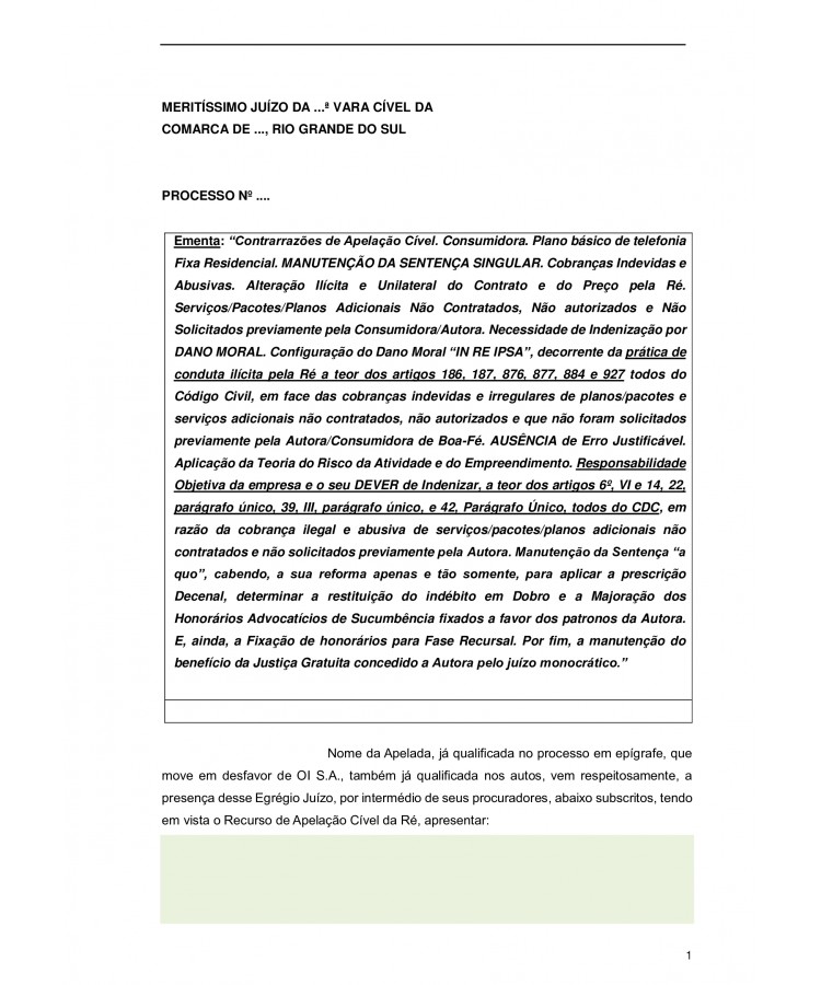 Contrarrazões à Recurso de Apelação Cível da Ré. Empresa de Telefonia. Cobranças Indevidas.