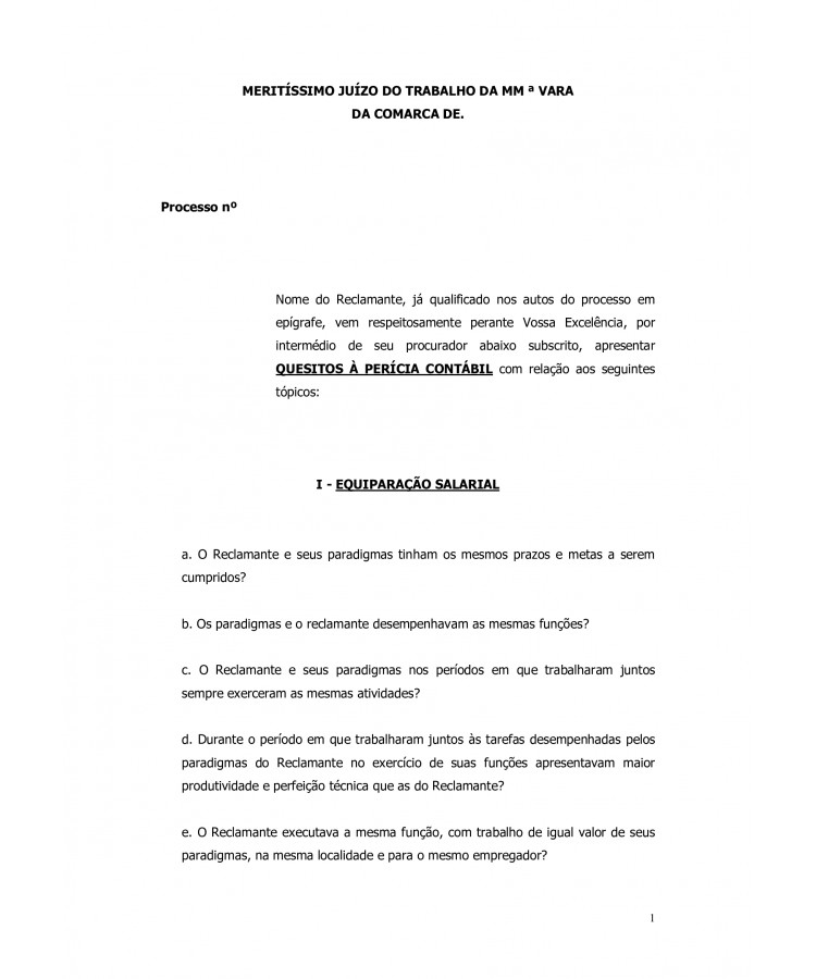Quesitos à Perícia Contábil. Equiparação Salarial. Comissões. PLR. Quilômetro Rodado. Celular.