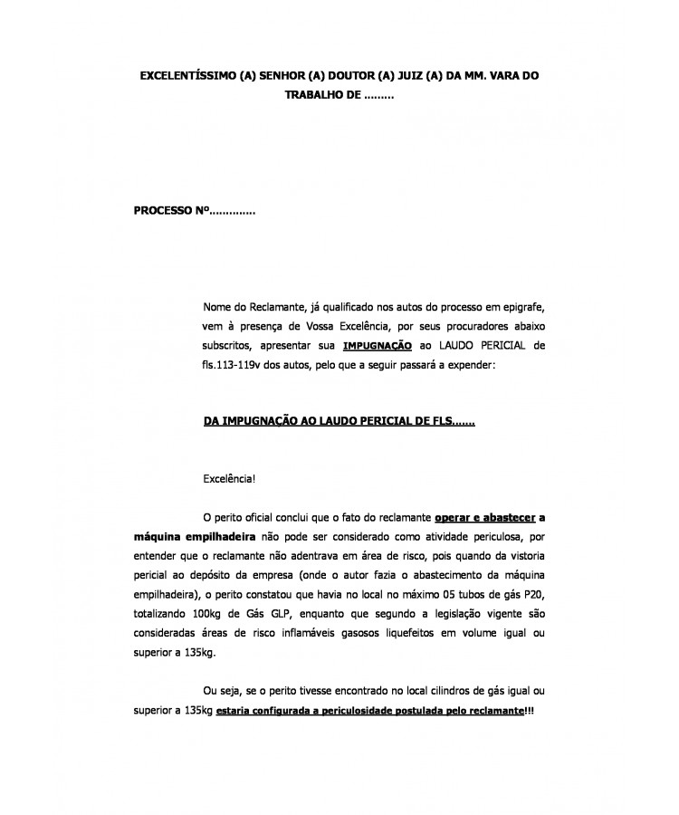 Impugnação à Laudo Pericial. Periculosidade. Cilindro P20. Botijão GLP.