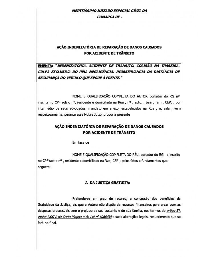 Inicial. Ação de Reparação de danos por Acidente de Trânsito. JEC.
