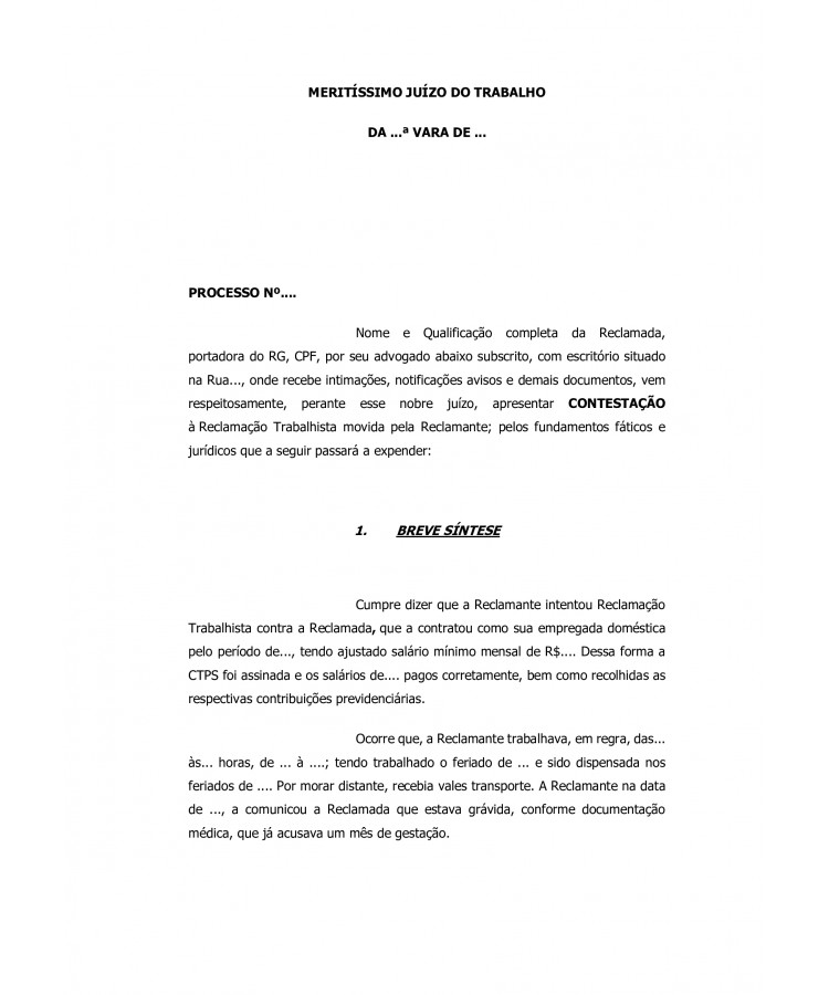 Contestação da Reclamada. Ação Trabalhista. Empregada Doméstica.