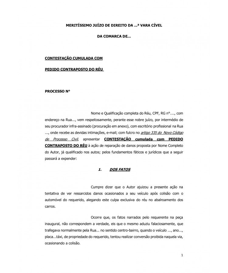 Contestação à Ação de Reparação de Danos Patrimoniais em Acidente de Trânsito cumulada com Pedido Contraposto do Réu.