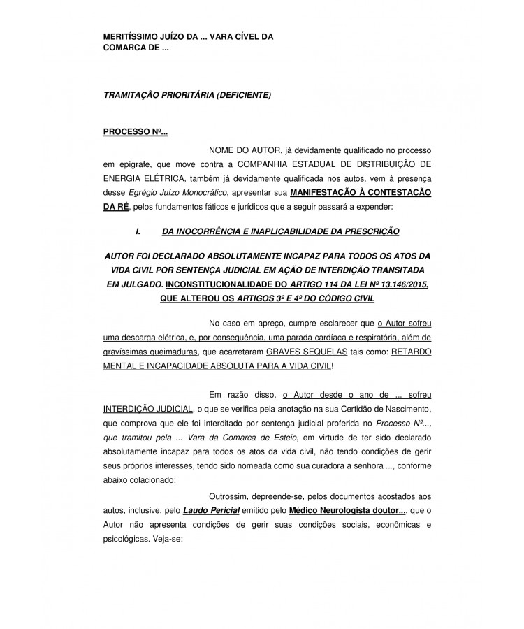 Réplica à contestação da Ré. Choque elétrico. Responsabilidade Objetiva da Concessionária.