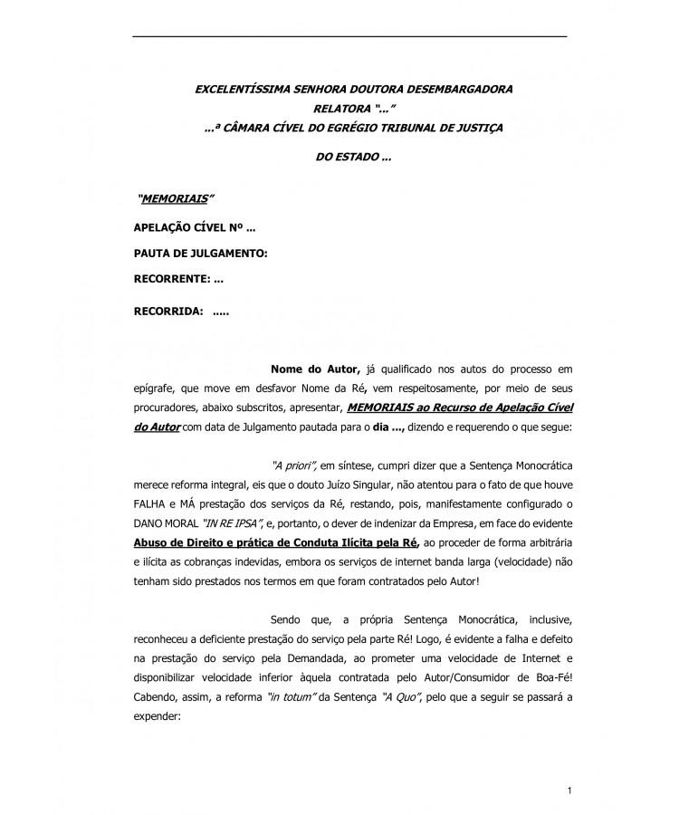 Memoriais para julgamento da Apelação Cível no Tribunal de Justiça. Falha na prestação dos serviços. Dano Moral. Indébito.