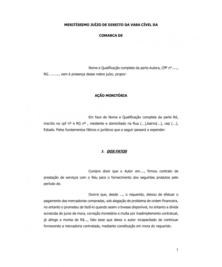 Inicial. Ação Monitória.
