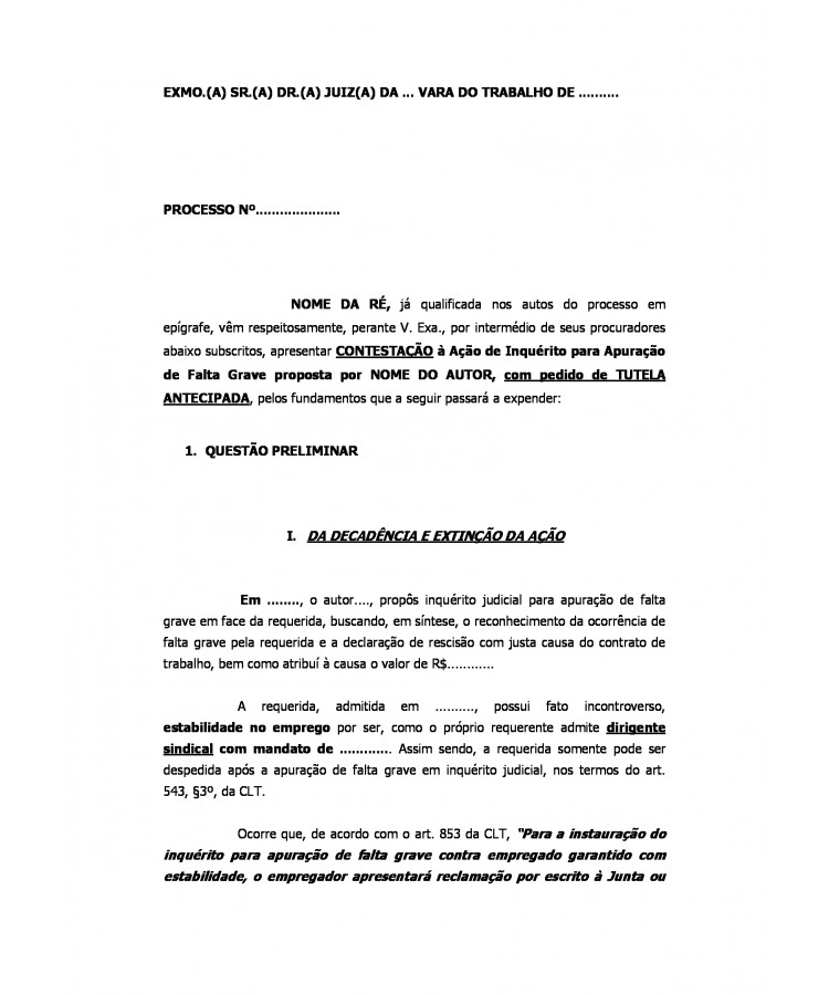 Contestação à Inquérito Judicial para Apurar Falta Grave de Empregado com Estabilidade Provisória. Dirigente Sindical. Extinção do Feito Sem Julgamento de Mérito. Decadência. Perdão Tácito do Empregador.