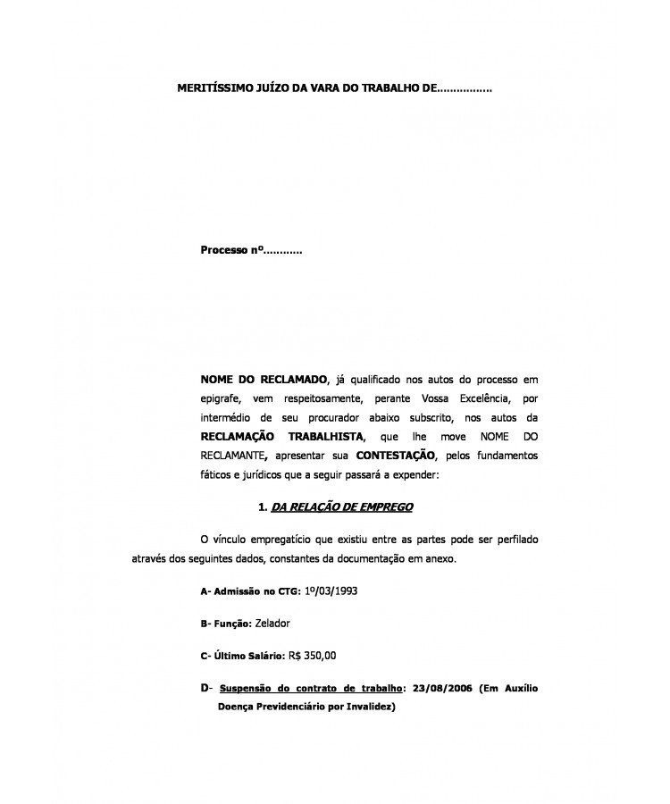 Contestação da Reclamada. Zelador de sede social.