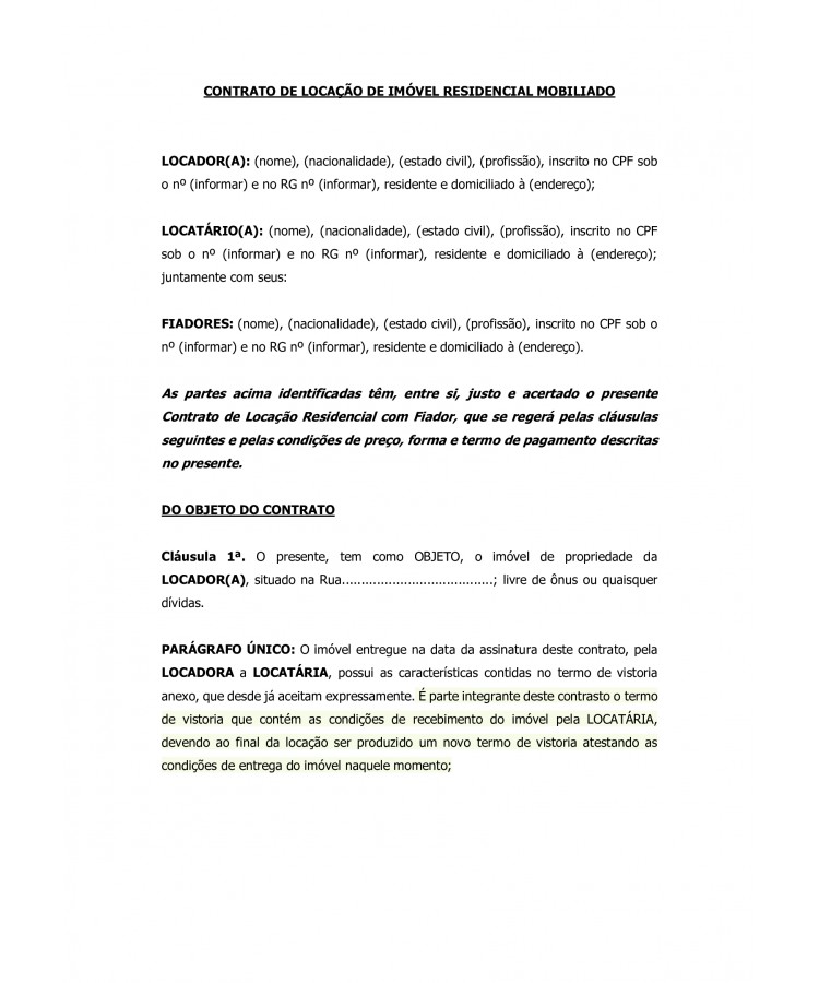 Contrato de Locação Residencial de imóvel mobiliado e com Fiador