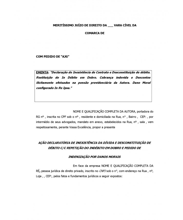 Inicial. Ação Declaratória de Inexistência e Desconstituição do Débito.  Cancelamento de Contrato. Cobrança Indevida. Restituição do Indébito em  Dobro. Indenização por Dano Moral. - CÍVEIS | Modelo Petições Gratuitas