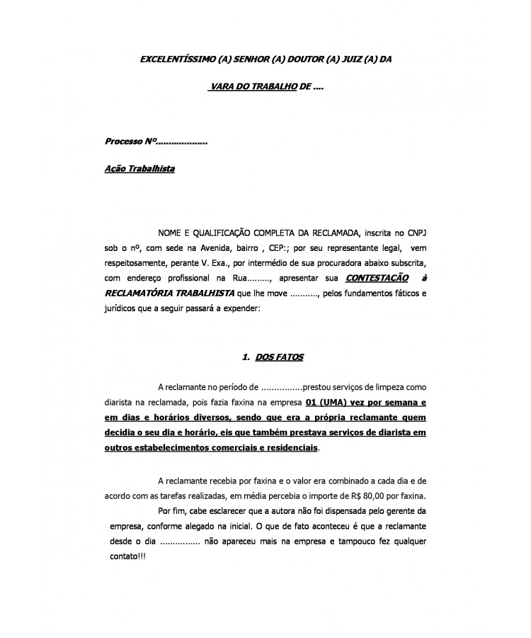 Contestação à Reclamatória Trabalhista. Diarista.