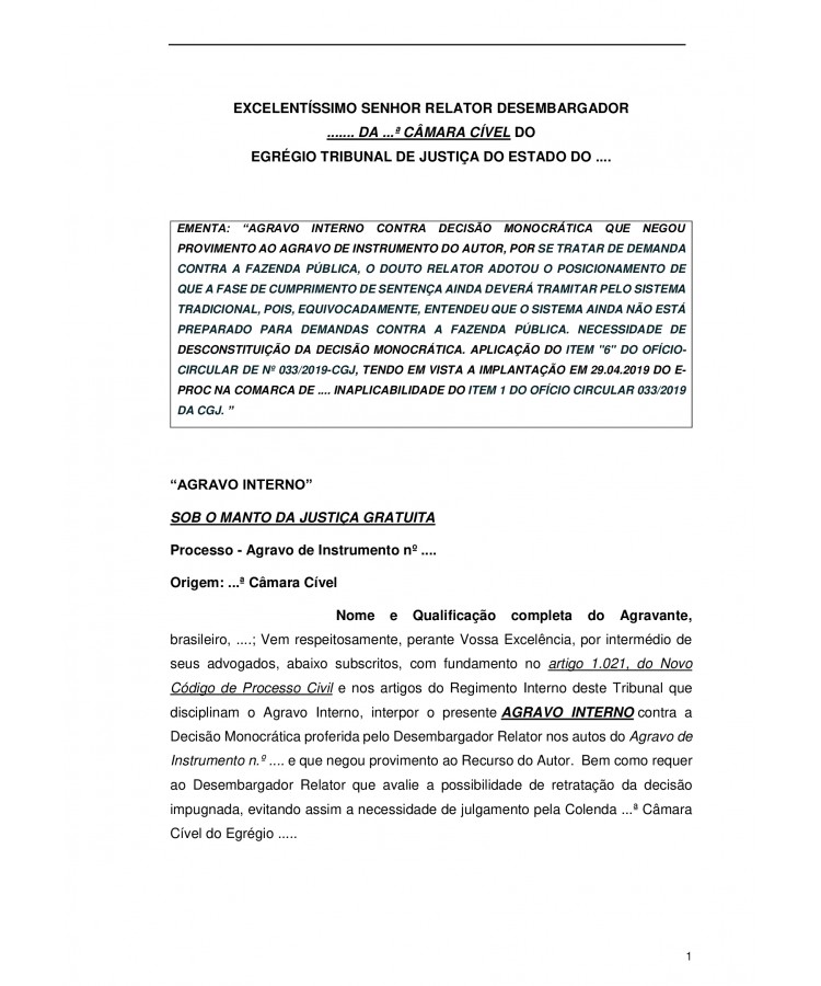 Agravo Interno contra Decisão Monocrática do Tribunal de Justiça.