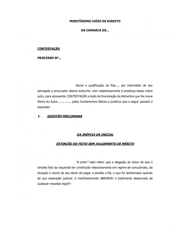 Contestação à Ação de Exoneração de Alimentos.