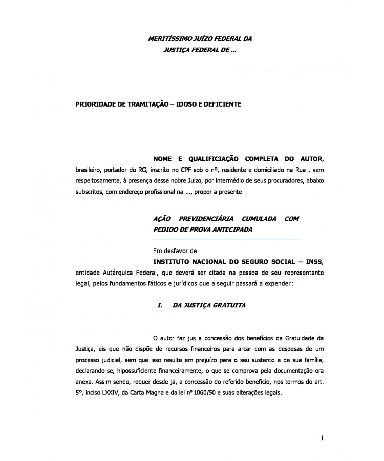 Inicial. Ação Previdenciária de Aposentadoria por Idade ao portador de Deficiência. Cardiopatia Grave.