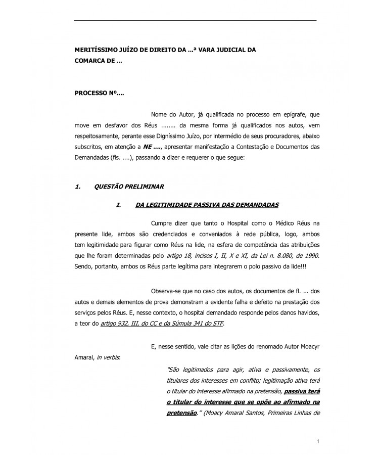 Réplica à Contestação do Hospital. Erro Médico. Infecção Puerperal. Restos de Placenta deixados no Útero após o parto. Responsabilidade Civil Objetiva.