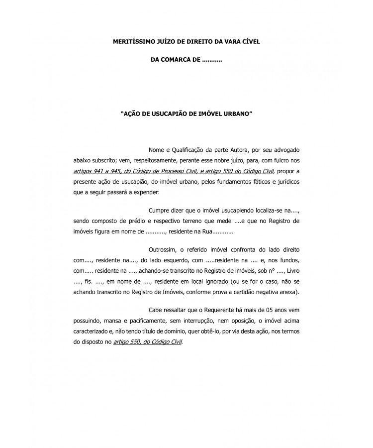 Inicial. Ação de Usucapião de Imóvel Urbano.