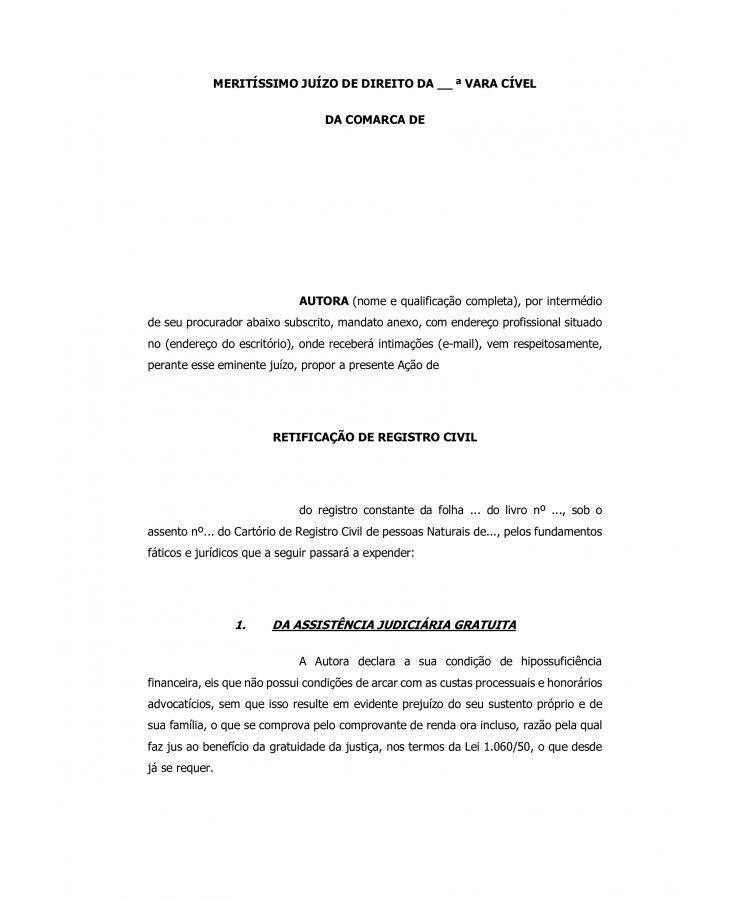 Inicial. Ação Judicial para Retificação de Registro Civil.