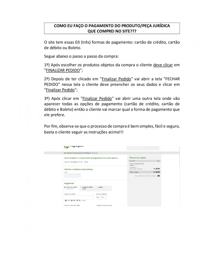 Instruções de como fazer a compra da petição/peça jurídica no Site.