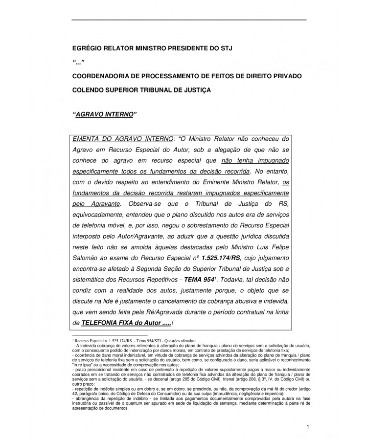Agravo Interno contra Decisão Monocrática em Agravo de Recurso Especial. Telefonia fixa. Cobranças Indevidas.