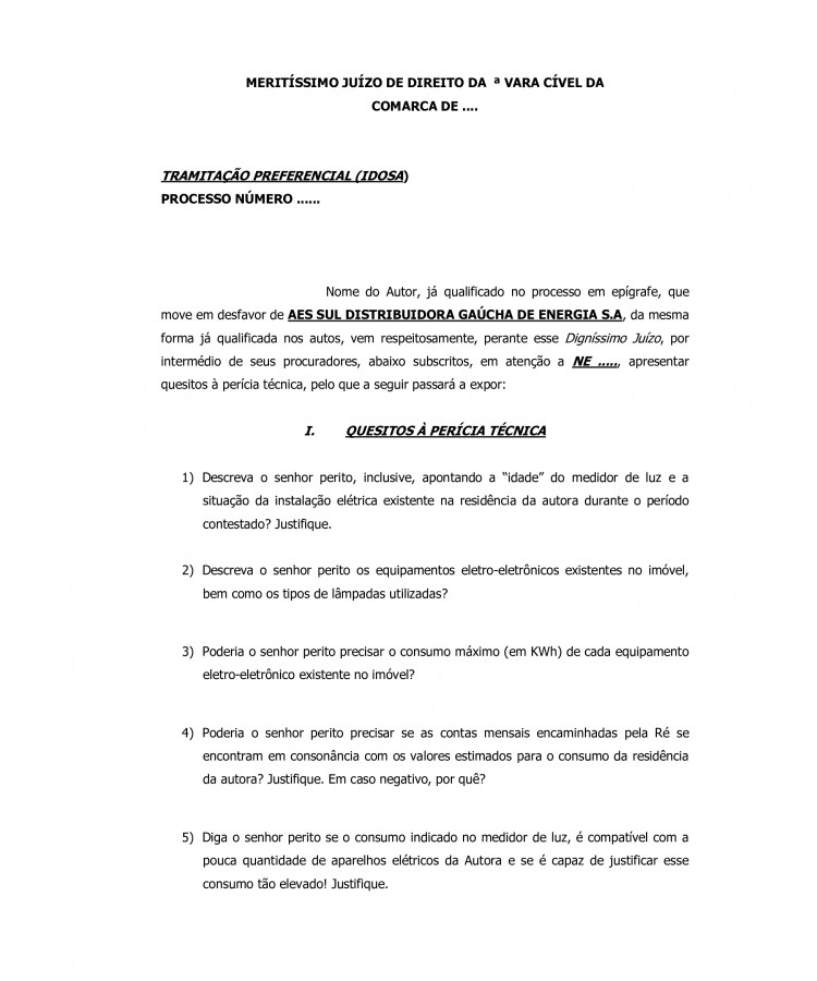 Quesitos à Perícia Técnica em medidor de energia elétrica.