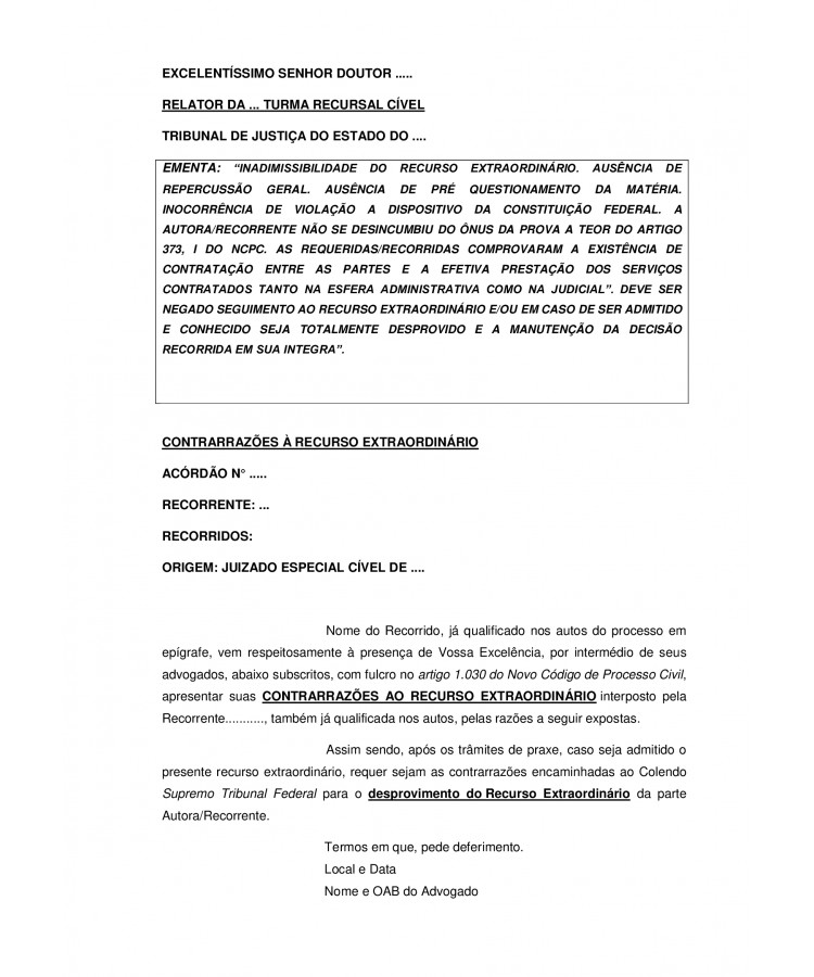 Contrarrazões a Recurso Extraordinário para o STF. Ausência de Repercussão Geral.
