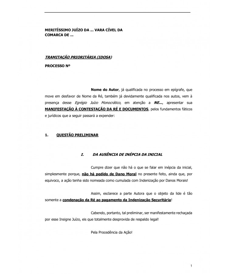 Réplica a Contestação da Seguradora Ré. Seguro de Vida. Morte por Acidente. Embriaguez do Segurado.