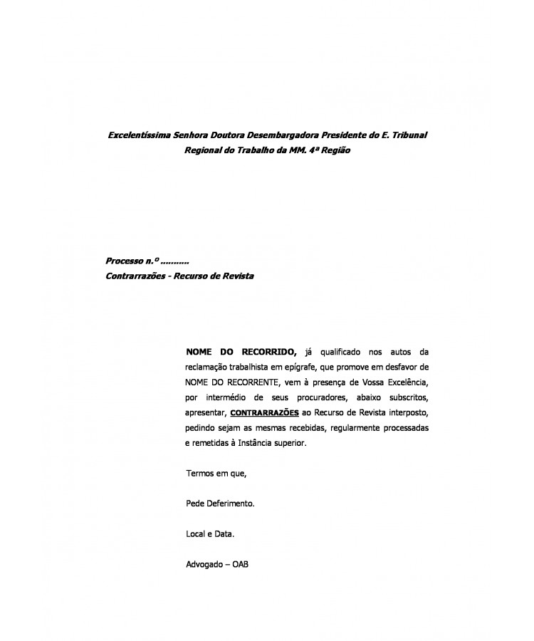 Contrarrazões à Recurso de Revista da Reclamada.