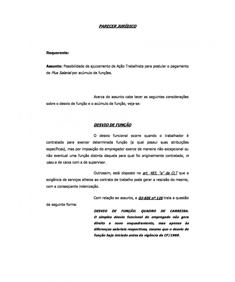 Parecer Jurídico. Plus Salarial e Desvio de Função. - Parecer Jurídico. -  TRABALHISTAS | Modelo Petições Gratuitas