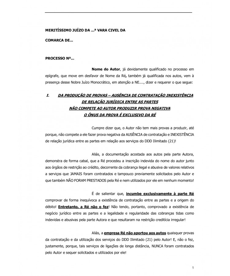 Petição manifestação sobre produção de provas. Consumidor. Empresa de Telefonia Fixa. Cobranças Abusivas. Ausência de Contratação.