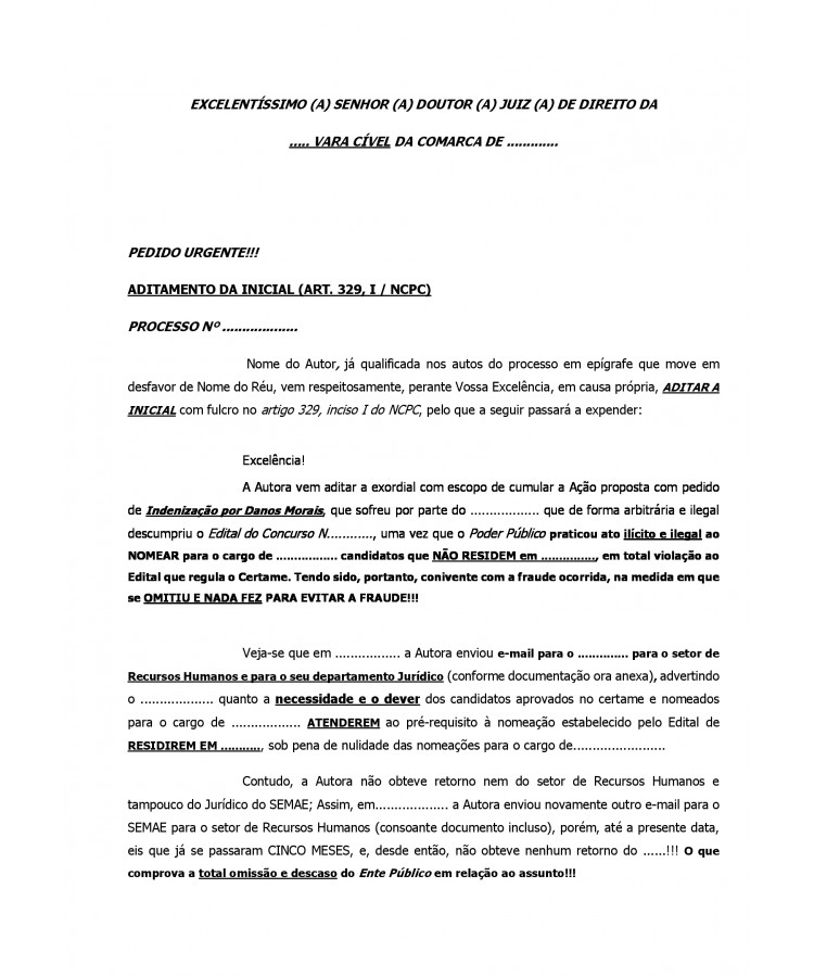 Petição de Aditamento da Inicial para inclusão de pedido de Dano Moral.