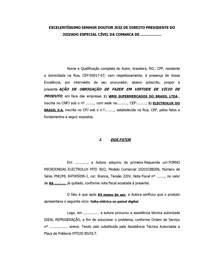 Inicial. Ação de Obrigação de Fazer. Consumidor.