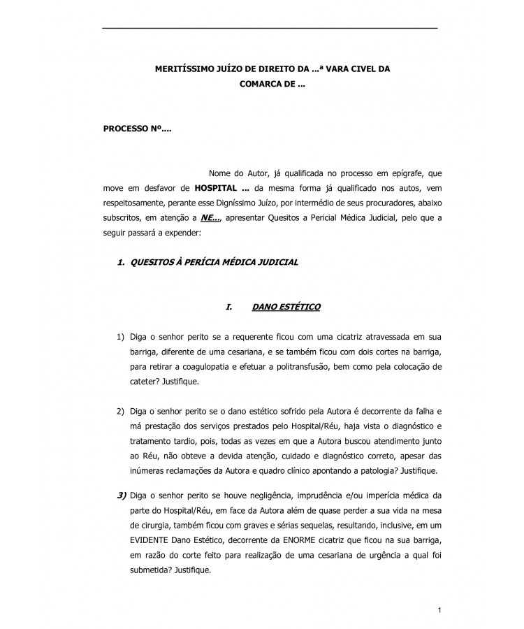 Quesitos à Perícia Médica Judicial. Erro Médico. Gestante. Sindrome Hellp e Pré-Eclâmpsia Grave.