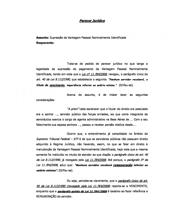 Parecer Jurídico. Servidor Público das Forças Armadas. Impossibilidade da Supressão da Vantagem Pessoal Nominalmente Identificada. Princípio da Irredutibilidade Salarial.